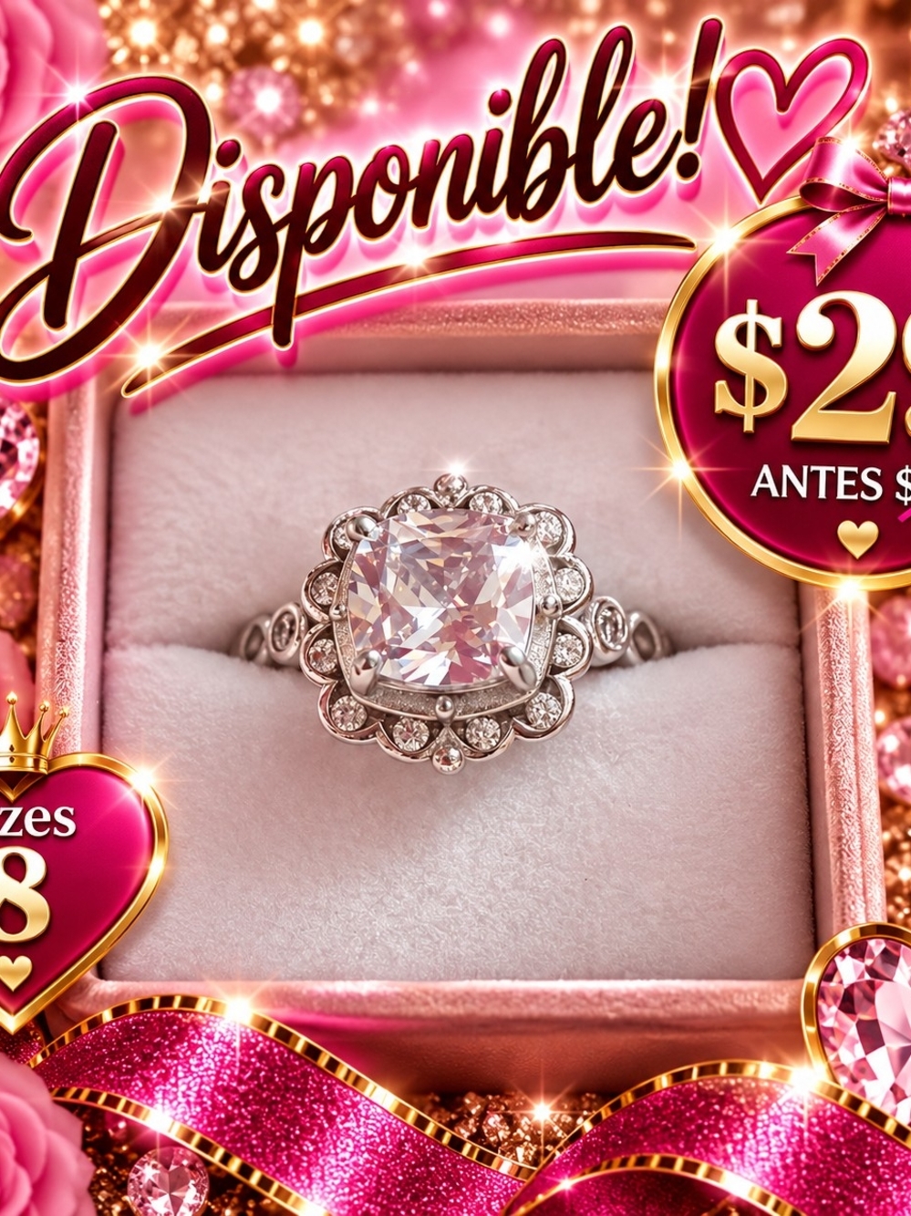 Sparkling Cushion Halo Engagement Ring - Silver Pink Center